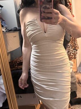 Sky to the moon Faux leather Strapless Ruched Cream Bodycon Dress